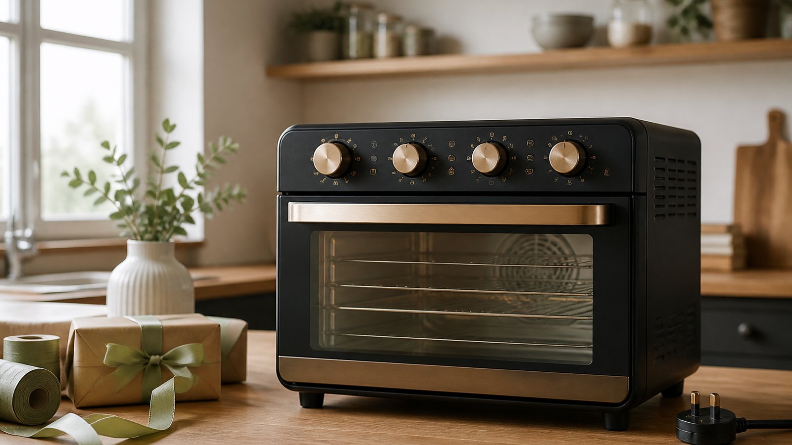 Gift-ready glass-door air fryer oven on a wooden kitchen table